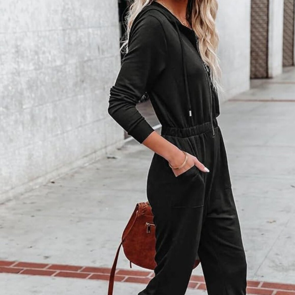 Black Long-Sleeve Hooded Zip-Up Jumpsuit with Cinched Ankles | Size XL